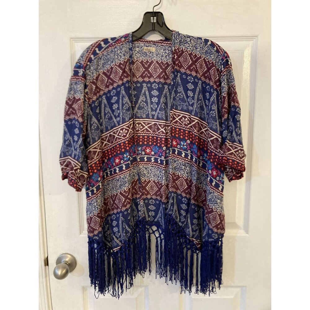 Hollister Boho Kimono With Fringe Hem XS Red & Blue Lightweight Printed Fabric